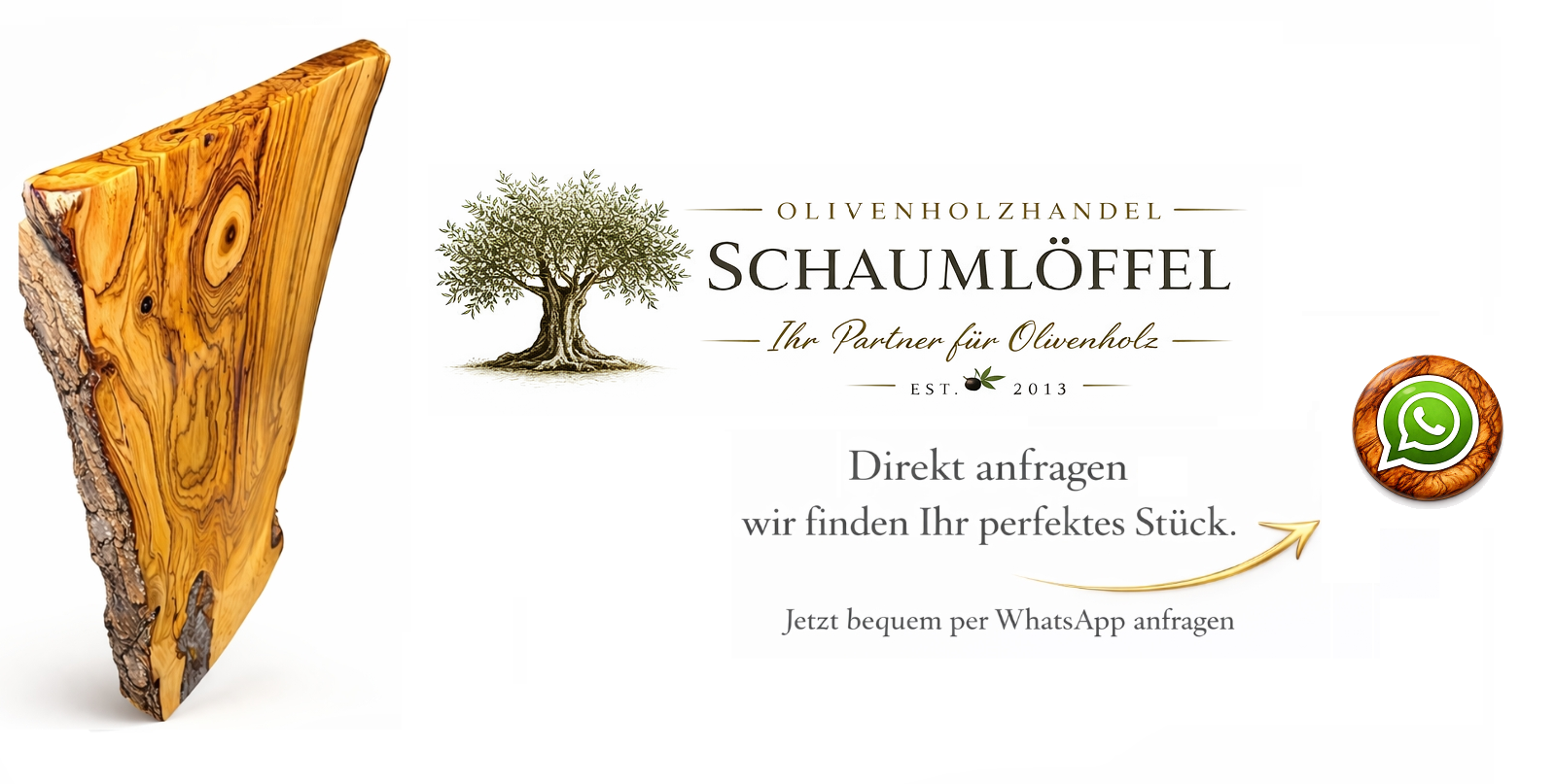 Olivenholz Bohle mit edler Maserung und WhatsApp Anfrage Möglichkeit beim Olivenholzhandel Schaumlöffel